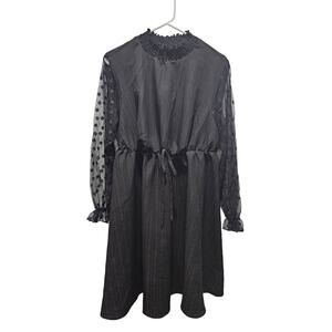 Whimsygoth Black Swiss Dot Sheer Sleeve Ruffle Neck Fit & Flare Dress L XL